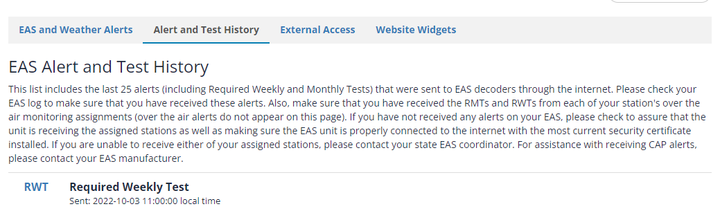 EAS Alert and Test History tab